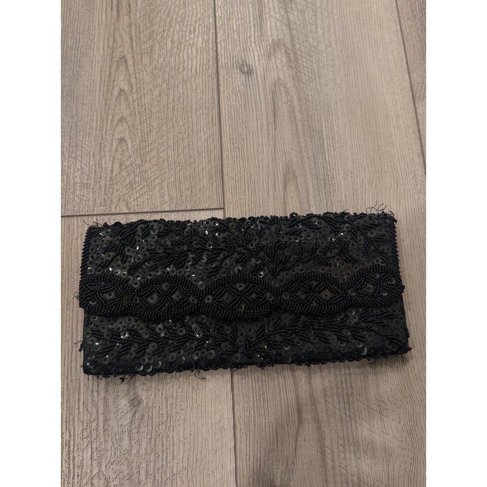 Vintage Black Beaded Clutch Bag Handmade in Hong‎ Kong Sequin Evening Purse